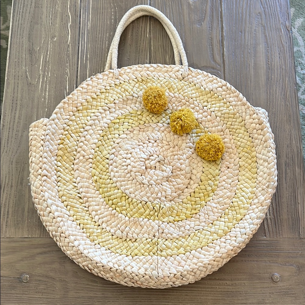 Handwoven Beige and Yellow Straw Tote Bag